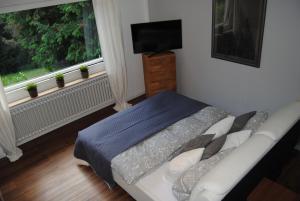 a bedroom with a bed and a television and a window at Exklusive Villa am Wald mit Garten, Waldzugang und Sauna in Solingen