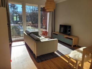a living room with a couch and a television at Apartmán Spa Šumava in Zdíkov