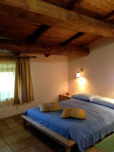 a bedroom with a bed with blue sheets and a window at Agriturismo Capriccio Di Giove in Cansano
