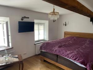 1 dormitorio con cama morada y lámpara de araña en Pension Ruhrfrosch, en Essen