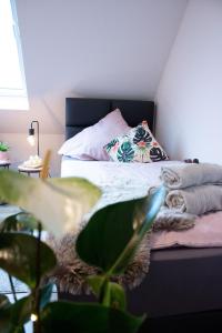 um quarto com uma cama com uma almofada e uma planta em Gästewohnung Mönchengladbach Rheindahlen em Mönchengladbach