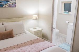 的住宿－The Lodge - Rural Tipperary bordering Kilkenny，一间卧室配有带灯的床和一间浴室