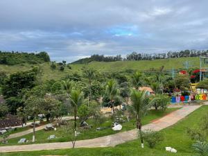 a park with palm trees and a hill in the background at Tijota Hotel Fazenda in Ipatinga