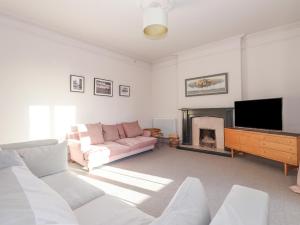 uma sala de estar com um sofá, uma televisão e uma lareira em Thwaite House em Coniston