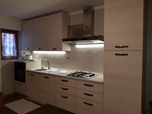 une cuisine avec un évier et une cuisinière four supérieur dans l'établissement Apartment La Gleisa 3, à Sestrières