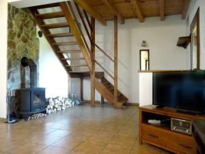 a living room with a fireplace and a flat screen tv at Domek w Sosnowym Lesie in Sulicice