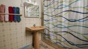 bagno con lavandino e tenda doccia di Blanca Rosa Valparaiso B&B a Valparaíso