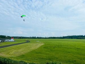 une personne vole un cerf-volant dans un champ dans l'établissement Boardinghouse Breitscheid, à Breitscheid