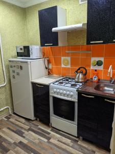 una pequeña cocina con fogones y fregadero en Квартира в районе жд вокзала, en Shchūchīnsk