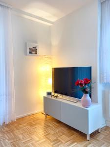 تلفاز و/أو أجهزة ترفيهية في Neues, stillvoll eingerichtetes Apartment mit Wintergarten und Terrasse