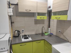a small kitchen with green cabinets and a sink at New apartments Уютная студия в центре города Дзержинка in Kryvyi Rih