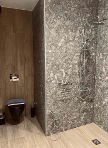 a shower in a bathroom with a stone wall at 11 Luxury Apartments Metsovo. in Metsovo
