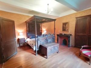 a bedroom with a canopy bed and a fireplace at MAISON ALETEIA*** DECOUVERTE ET SERENITE in Alet-les-Bains