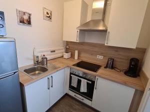 a small kitchen with a sink and a refrigerator at Ferienwohnung in der Marktstraße in Mayen