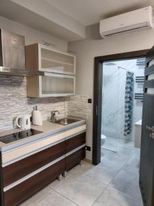 a kitchen with a sink and a shower at Noclegi 24/h Leszczynek in Kutno
