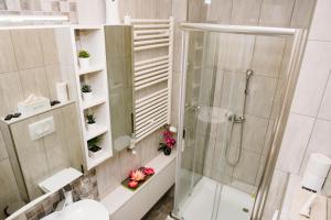 a bathroom with a shower and a toilet at Lusso Apartman in Subotica