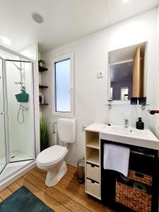 a bathroom with a toilet and a sink and a shower at LUXURY MOBILE HOMES IVACI in Rovinj