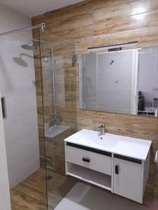 W łazience znajduje się umywalka i przeszklony prysznic. w obiekcie Résidence Cap Sud w mieście Dakar