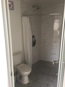 a bathroom with a toilet and a shower curtain at Hermosa casa vacacional in Suárez +18 photos