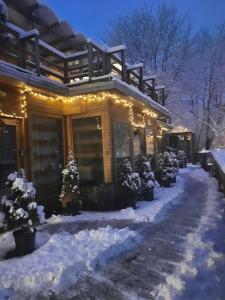 une maison recouverte de lumières de Noël dans la neige dans l'établissement Skay Loft, à Braşov