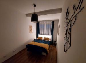 um quarto com uma cama num quarto com uma janela em Allewidok em Jelenia Góra