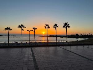 puesta de sol en la playa con palmeras en Beachview Haven Apartment 1-BR, en Playa del Cura