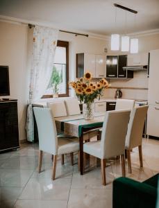 a kitchen and dining room with a table and chairs at Apartament Spokojna 7 Gołdap Mazurski Zdrój in Gołdap