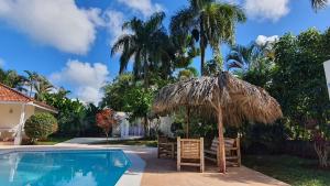 - un parasol et des chaises à côté de la piscine dans l'établissement Casa Giò, à Las Terrenas