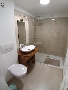 a bathroom with a sink and a toilet and a shower at Modern Apartment, Full Kitchen, for 6 in Gmunden