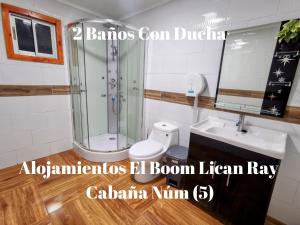 a bathroom with a shower and a toilet and a sink at Alojamientos El Boom Lican Ray in Licán Ray