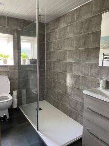 a bathroom with a shower and a toilet and a sink at Monawilline Cottage in Lamlash