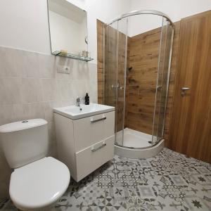 uma casa de banho com um chuveiro, um WC e um lavatório. em RED DEER Hotel em Brezno