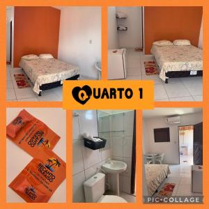 a collage of pictures of a room with two beds and a bathroom at Chalé Recanto do Paraíso in Galinhos