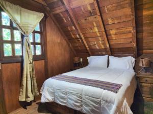モレリアにあるLa Diligencia Cabañas Campestresの木製の壁のベッドルーム1室(ベッド1台付)
