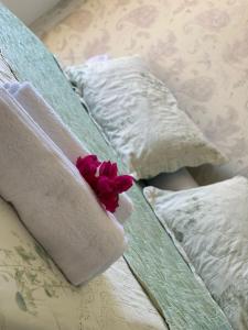 琵琶的住宿－TRIPLEX PIPA com jacuzzi no Solar Água，一张带白色枕头和红色花的床铺