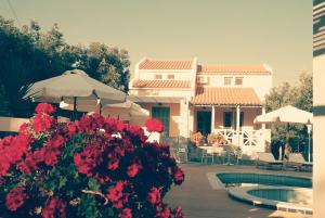 a house with a swimming pool and red flowers at Sea Sun in Plomarion