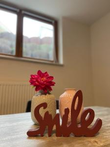 einen Tisch mit einer Vase und einer roten Blume in der Unterkunft FEWO Eggenstein beim KIT in Eggenstein-Leopoldshafen