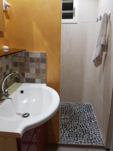W łazience znajduje się biała umywalka i prysznic. w obiekcie chez lulu w mieście Saint-Joseph