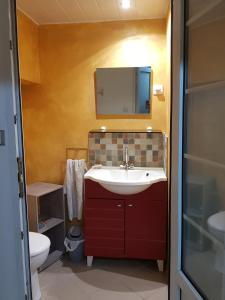 W łazience znajduje się umywalka, lustro i toaleta. w obiekcie chez lulu w mieście Saint-Joseph