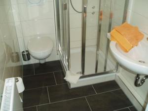 a bathroom with a shower and a toilet and a sink at Hotel Friedrichs in Neumünster