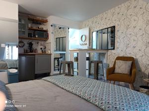 um quarto com uma cama e uma cozinha num quarto em Très beau studio Climatisation, Trois Etoiles, WiFi, Vélos en option, Parking Privé Jardin em Montargis