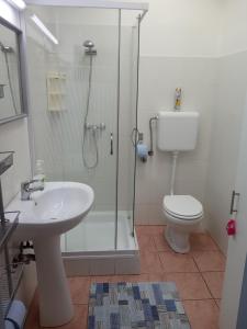 uma casa de banho com um chuveiro, um lavatório e um WC. em Csocsó Nyaralóház em Fonyód