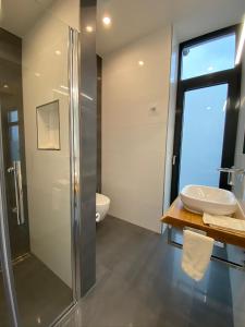y baño con ducha y lavamanos. en Loft- Ferienwohnung perfekt für Fahrradfahrer en Nortrup