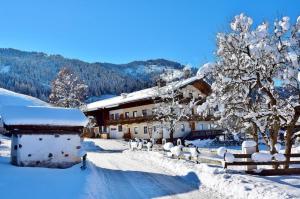 un pueblo cubierto de nieve con una casa y una valla en Leitnerhof, en Niederau