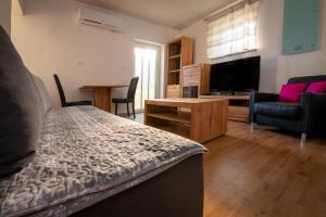 Una sala de estar con una cama y un televisor. en Bled Honey Bee Apartment, en Bled