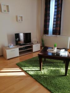 - un salon avec une télévision et un tapis vert dans l'établissement Beatrix Apartments, à Bük