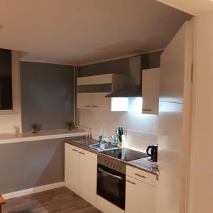 a kitchen with a sink and a stove top oven at Flensburg Zentrum 69 4 in Flensburg