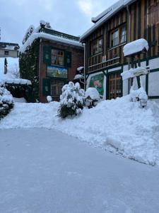 een berg sneeuw voor een gebouw bij Gasthof & Pension "Schwarzer Adler" in Masserberg