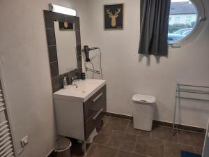 a bathroom with a sink and a mirror at Entre Lacs Et Montagnes , Maison individuelle, lits préparés et ménage inclus in Barésia-sur-lʼAin