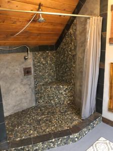 ducha con pared de piedra y cortina de ducha en The Whitmore Inn, en Weaverville